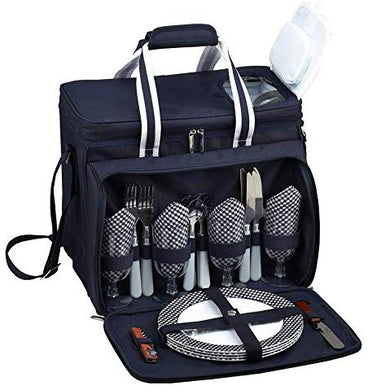 (D) Deluxe Picnic Cooler for Four, Full Equipment Backpack Bag (Blue)