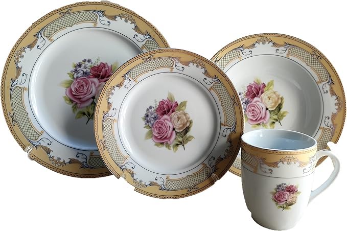 White with Gold Dinnerware Set - Roses 16 Piece Vintage Porcelain Tableware Setting for 4 for Every Day Use or Formal Occasions