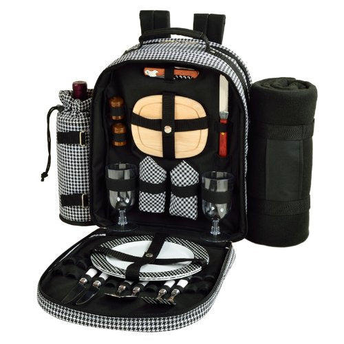 (D) Picnic Backpack Bag for 2, Full Set for Outdoor with Blanket (Houndstooth)