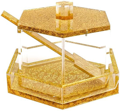 (D) Judaica Honey Dish with Lid and Spoon Acrylic Hexagon (Gold on Base)