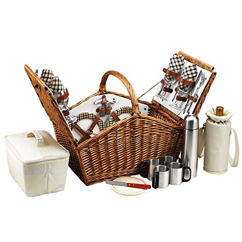 (D) Huntsman Basket for 4 with Coffee Service, Backpack Bag (Brown)