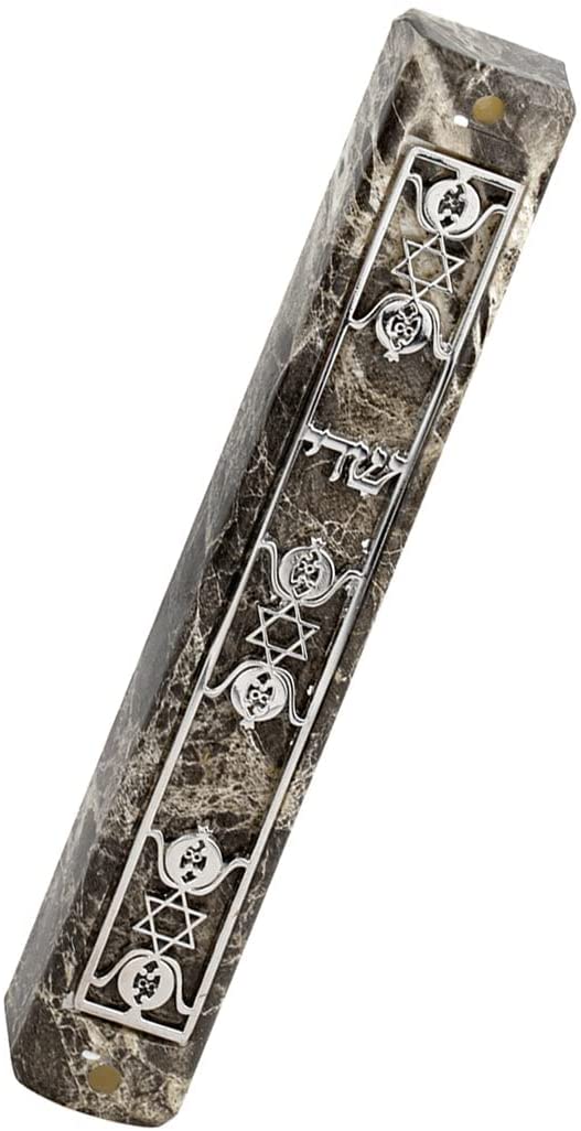 (D) Judaica Plastic Marble Style Mezuzah Case, Metal (4.7'', Silver 3 Stars)