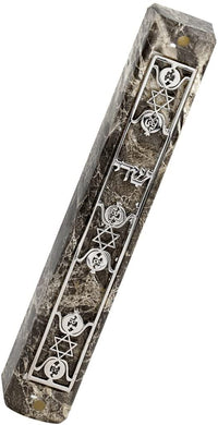 (D) Judaica Plastic Marble Style Mezuzah Case, Metal (5.9'', Silver 3 Stars)