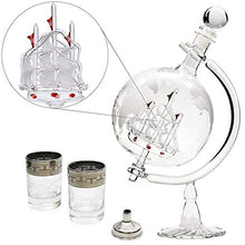 Denizli Spirits Large 35 Oz Handmade Vodka or Liquor Etched Globe Decanter Set with Crystal Glass Stand, Bar Funnel and 2 Platinum Shot Glasses (Glass Stand + Ship)