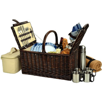 (D) Buckingham Basket for 4 with Blanket and Coffee Set for Outdoor (Blue)