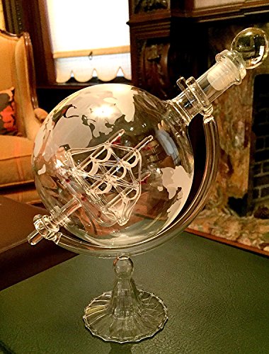 Large Decanter Set – Whiskey Decanter with Wooden Stand, 2 Etched Globe Whiskey Glasses, and Funnel – Elegant Liquor Dispenser for Spirits