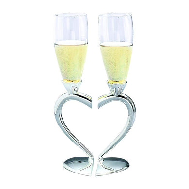 (D) Champagne Glasses Wedding With Heart Shaped Silver Stem 2-pc, Flute Glasses