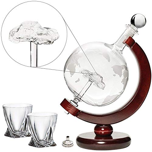 Car Liquor Decanter 50 Oz Set with Wooden Stand 2 Diamond Glasses and Bar Funnel