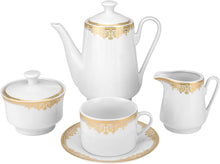 White and Gold Dinnerware Set - 57 Piece Vintage Porcelain Floral Ornament Design Tableware Setting for Every Day and Formal Occasions Service for 8