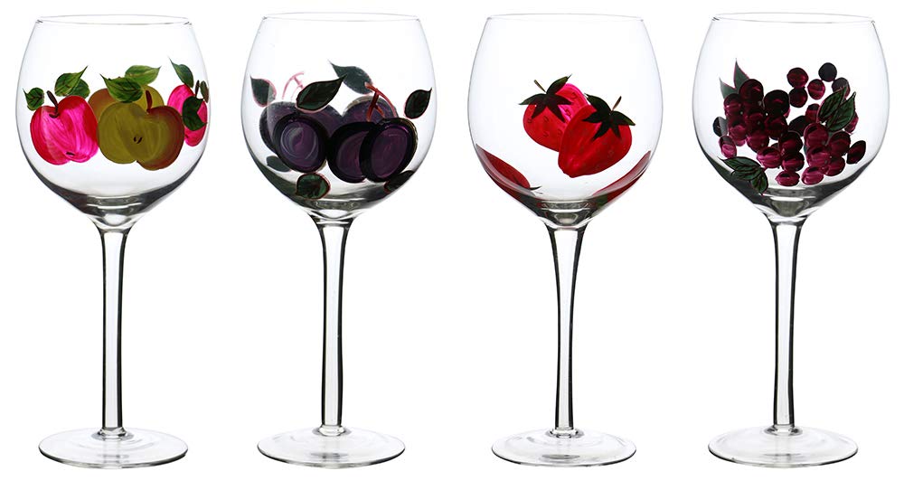 (D) Decorated Wine Stem Glasses 4-pc Set 8.5 Inches, Modern Style Glassware