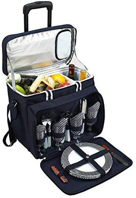 (D) Four Person Picnic Backpack Bag On Wheels, Full Equipment Set for Outdoor (Blue)