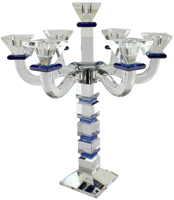 (D) Judaica Crystal Candelabra Square Design 7 Arm Candle Holder