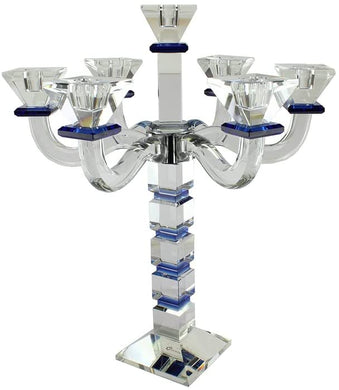 (D) Judaica Crystal Candelabra Square Design 7 Arm Candle Holder (Blue)