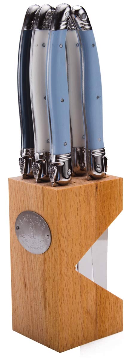(D) Laguiole French Hand Made Steak Knives in a Beech Wood Block 6pc, Vintage