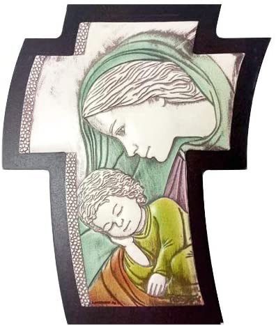 (D) Religious Gift Virgin Mary Child Catholic Icon Wall Desk Brown Cross 4.5x3.5
