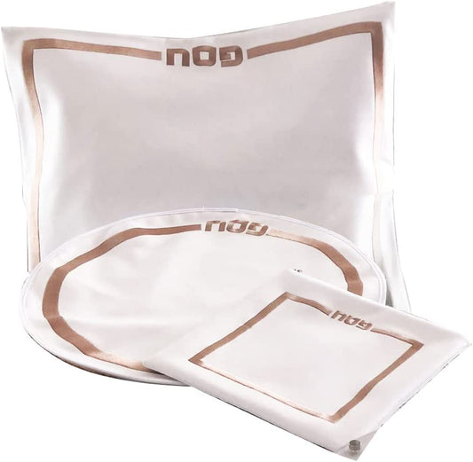 (D) Judaica White Seder Set Classic Design with Towel 3 Pc Table Decor (Gold)