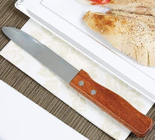 Close-up of a single stainless steel steak knife showing the 5-inch blade and ergonomic wood handle detail