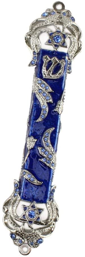 (D) Judaica Metal Mezuzah Case Blue White with Crystal (Silver)