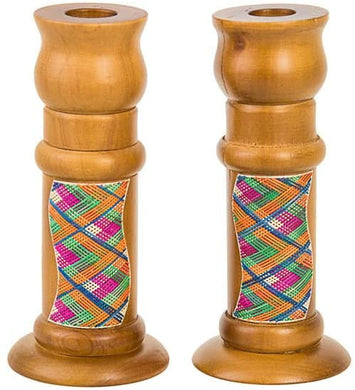 (D) Judaica Light Wood Candle Sticks with Straw Pattern for Long Candles 2Pc Set