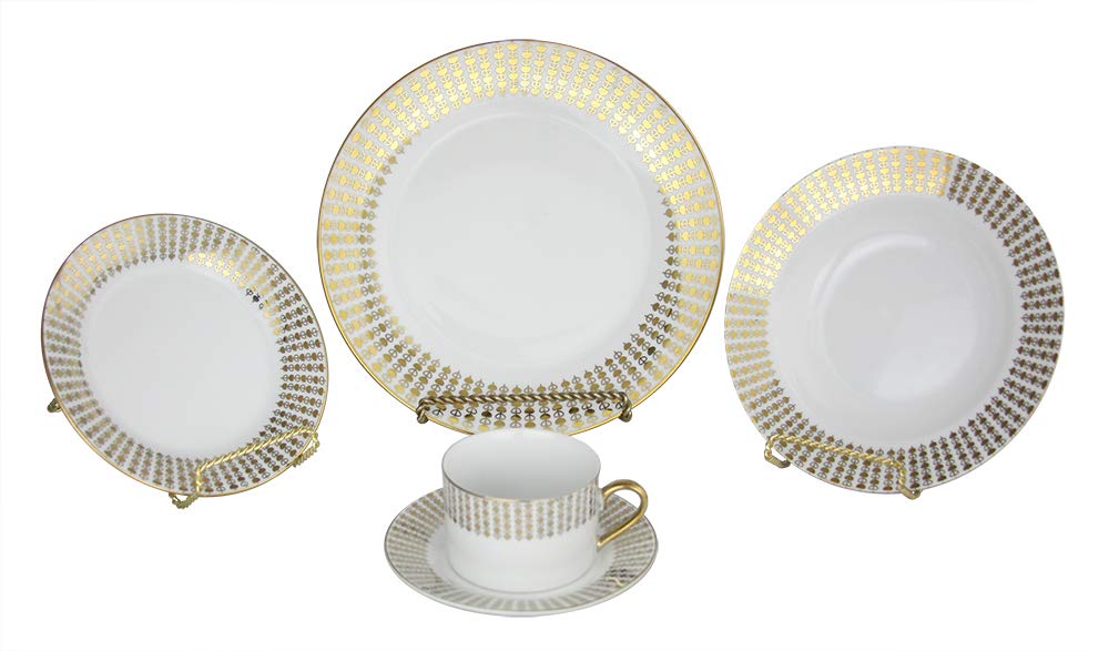 (D) Royalty Porcelain Fancy White with Gold Hearts Dinnerware Set 40-pc for Valentines Love Day