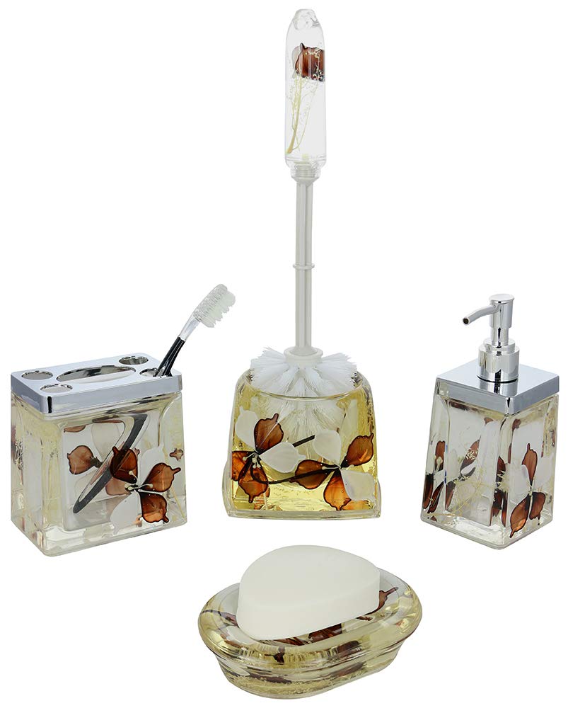(D) 5-piece Bathroom Set Brown and White Flowers with Soap Dispenser (White)