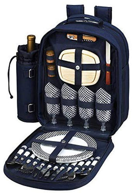 (D) Four Person Picnic Backpack Bag, Full Equipment Set for Outdoor (Navy White)