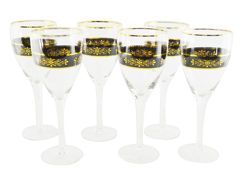 (D) Crystal Wine Stem Glasses with Gold Floral Decoration 6pc Set, Classic Style