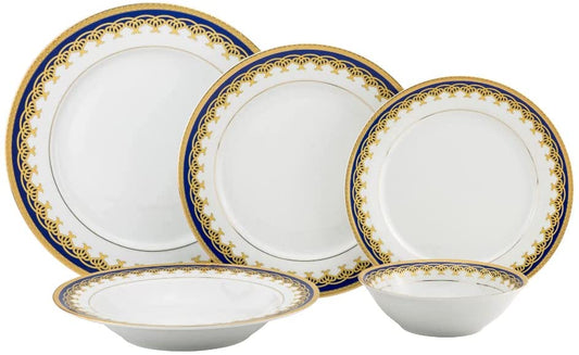 20 Piece Britain Blue Dinner Set for 4, Fine Porcelain 24K Gold Decoration
