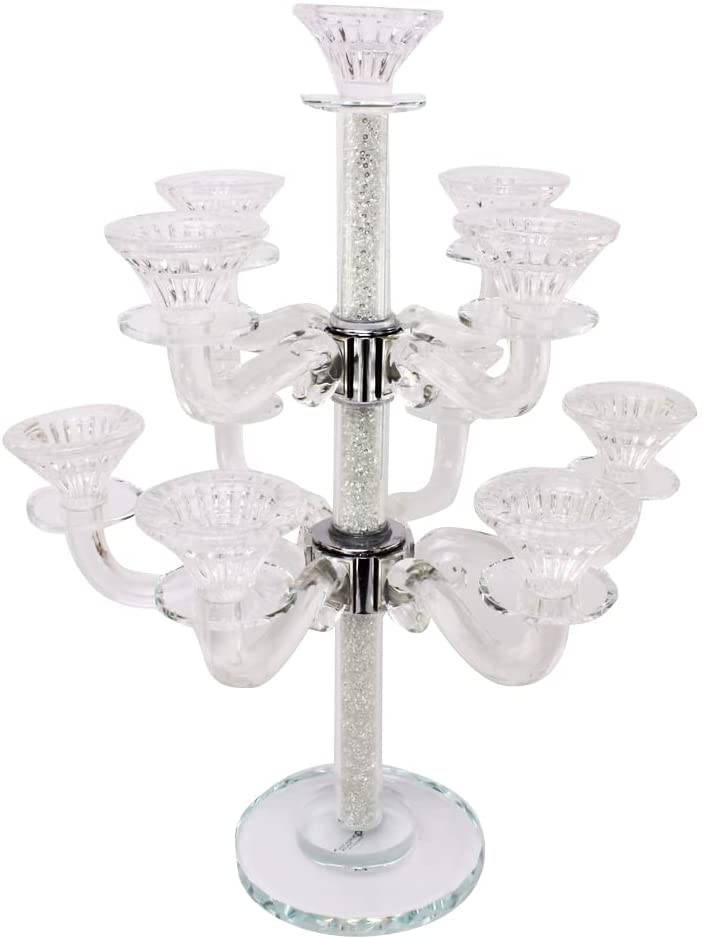 (D) Judaica Crystal Candelabra 11 Arm with Stones Candle Holder Centerpiece 18.5
