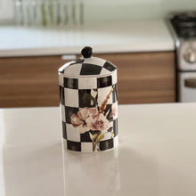 (D) Chic Checkered Porcelain Cookie Jar, Black and White (Medium)