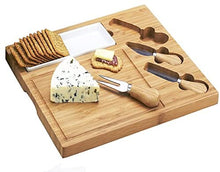 (D) Bamboo Square Cheese Board, Wooden Board with Service Utensils and Dish