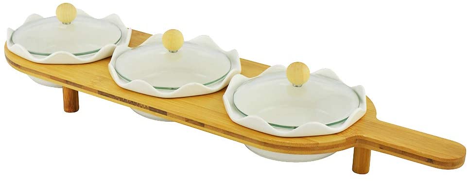 (D) Serving Stand 3 White Porcelain Dessert Bowls with a Lids on Platter Stand
