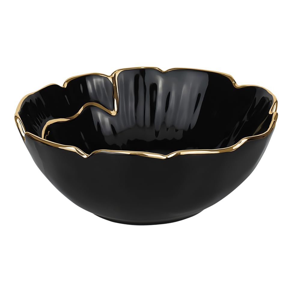 Gifts Plaza (D) Porcelain Luxury Serving Bowl Gold Rim Floral Shape (Black, Large)