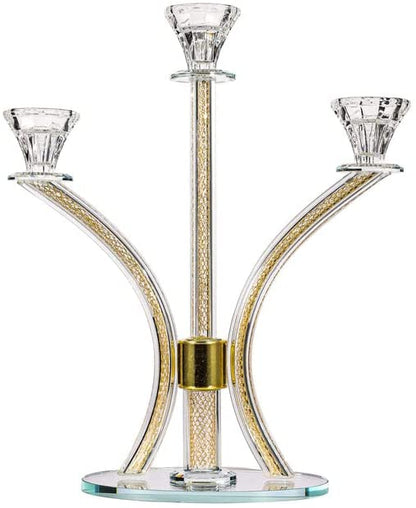 (D) Judaica Crystal Candelabra with Inner Net Design 3 Arms Candle Holder
