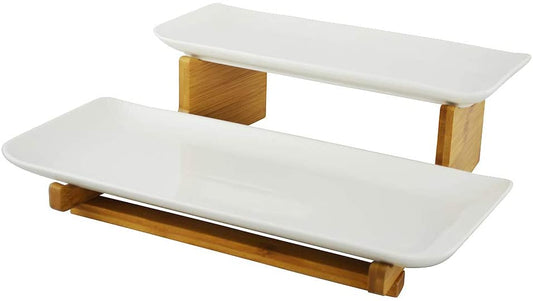 (D) White 2 Tier Serving Stand with 2 Serving Trays for Dessert Presentation