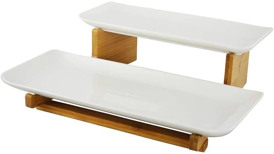 (D) White 2 Tier Serving Stand with 2 Serving Trays for Dessert Presentation