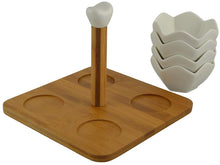 (D) Dip Set 7.5 x 7.5 4 Pc White Bowl Set on a Brown Tray with Handle for Sauces