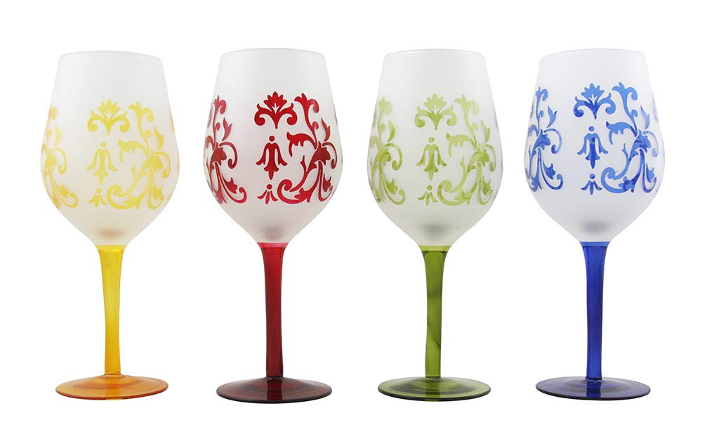 (D) Multicolored Wine Stem Glasses with Floral Decoration 4-pc Set, Glassware