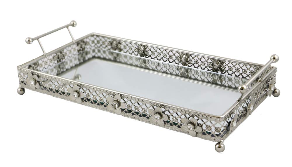 (D) Square Mirrored Tray on Base with Floral Decor 17x6 Inches