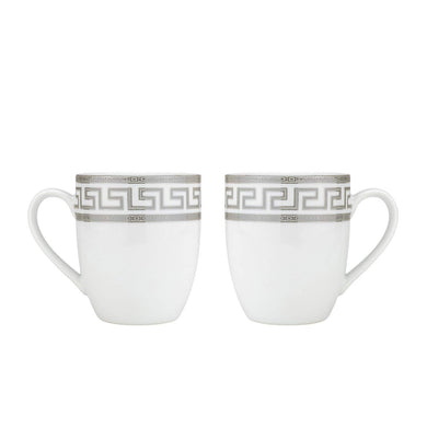 Royalty Porcelain 2-pc Mug Set Greek Key for Tea or Coffee, Bone China (Silver)