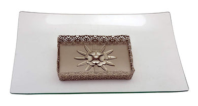 (D) Rectangle White and Gold Glass Serving Platter on Base 12.5x8.5x2.5 Inches