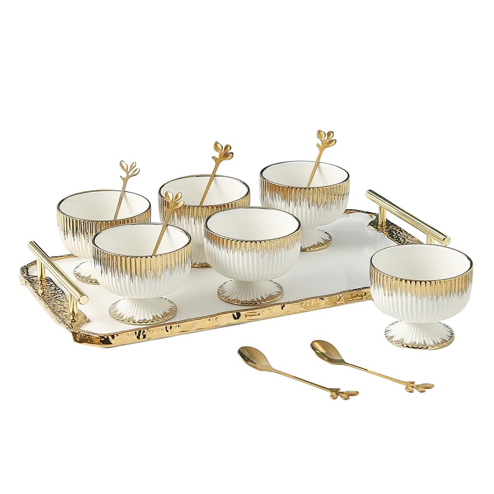 Gifts Plaza (D) Dessert Bowls Porcelain Mugs with Coordinating Tray (Gold)
