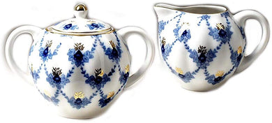 (D) Royalty Porcelain Lomonosov Cobalt Blue Sugar Bowl, Creamer 'Evening Time'