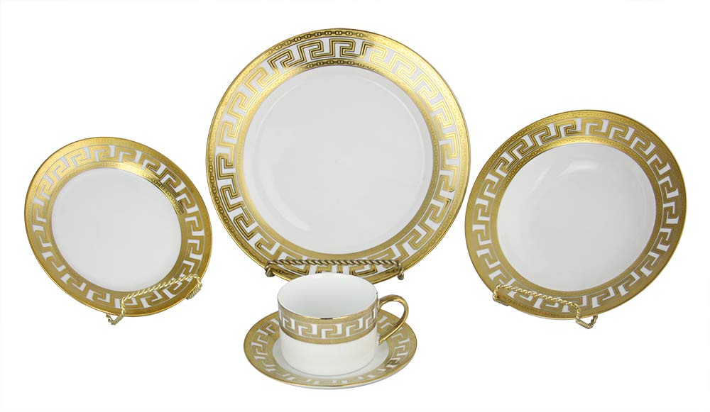 (D) Royalty Porcelain Greek Key White with Gold border Dinnerware Set 40-pc