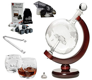 Large 50 Oz 'Car' Handmade Whiskey Liquor Etched Globe Decanter Mega Set