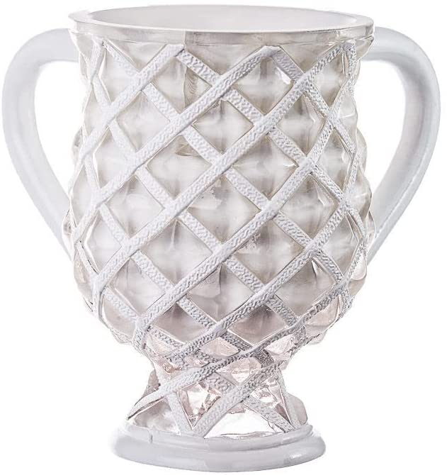 (D) Judaica Diamond Wash Cup Vase with 2 Handles 6.5 H'' (White)