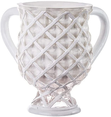 (D) Judaica Diamond Wash Cup Vase with 2 Handles 6.5 H'' (White)