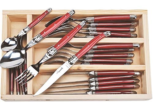 (D) Laguiole Flatware, Everyday Flatware Set in a Tray 24-pc (Red Handles)