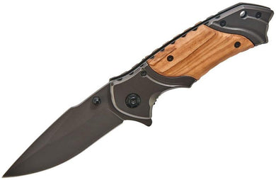 (D) Wood Handled Black Pocket Folding Knife, 4.5