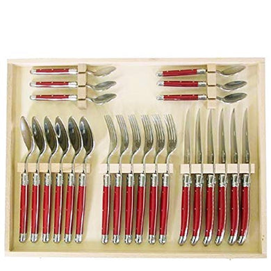 (D) Laguiole Flatware Hand Made Set with Red Handles in Clasp Box 24-pc, Vintage
